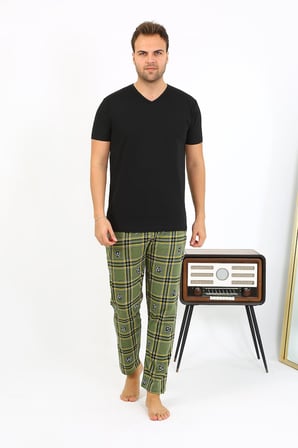 Modi Erkek Ekoseli Desen Penye Tek Alt Pijama 27540 Haki