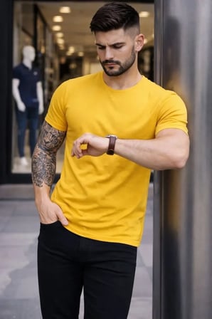 Modi Green Erkek T-Shirt Bisiklet Yaka Slim Fit Dar Kesim Likralı Tişört Günlük Basic Body - Sarı
