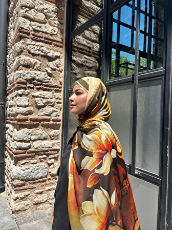 Aminenesil Tomurcuk Desen Vual Soft Şal Haki Turuncu Renk