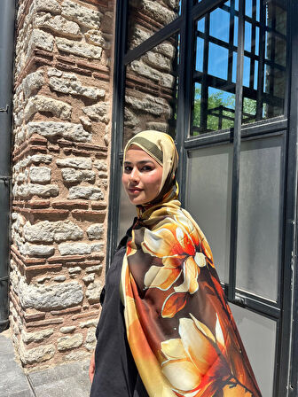 Aminenesil Tomurcuk Desen Vual Soft Şal Haki Turuncu Renk