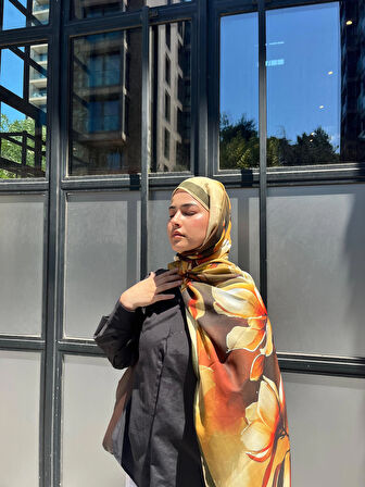 Aminenesil Tomurcuk Desen Vual Soft Şal Haki Turuncu Renk