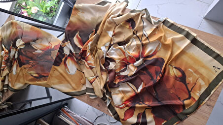 Aminenesil Tomurcuk Desen Vual Soft Şal Haki Turuncu Renk