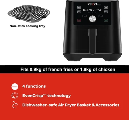 Instant AirFryer, 5.7L Kapasiteli, 1700W, Kızartma Tavası ve Mini Fırın Özellikleriyle, Siyah