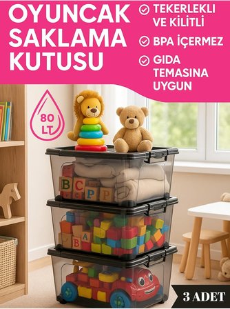 80 LT Büyük Boy Saklama Kutusu Kapaklı Plastik Organizer – Kamp Ekipmanları Depolama Kabı 3 adet