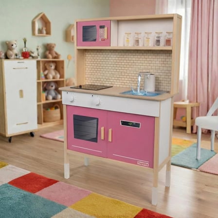 Su Akan Musluklu ve LED Işıklı Ahşap Çocuk Oyuncak Mutfak Seti - Pembe Büyük Boy Montessori Eğitici Mutfak