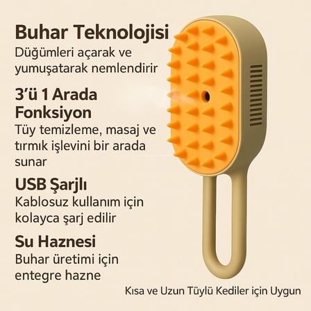 Buharlı Kedi Fırçası – 3'ü 1 Arada Tüy Temizleyici, Masaj ve Tırmık – USB Şarjlı, Su Hazneli, Kısa ve Uzun Tüylü Kediler için Uygun