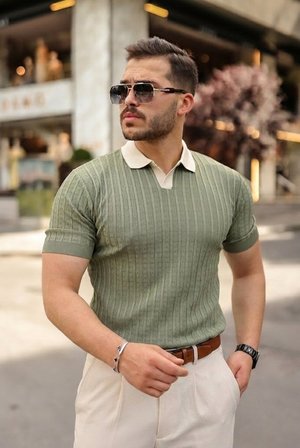 Modi Green Erkek Yaka Detaylı Desen Dokulu Triko Tişört