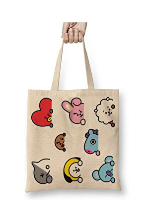 Bt21 Bts Karakterler Beyaz Bez Çanta Uzun Saplı Alışveriş Çantası Plaj Çantası