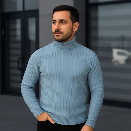 Modi Green Erkek Balıkcı Yaka Bağazlı Triko Kazak Pamuklu Kalın Fitilli Dokuma, Regular Fit Uzun Kollu Kışlık Model - Bebe Mav