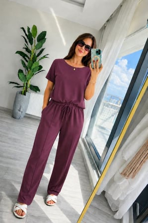 Kadın Kısa Kollu Bisiklet Yakalı Viskon Iki Iplik Bluz Ve Pantolon Ikili Takım - Bordo / 2XL-3XL