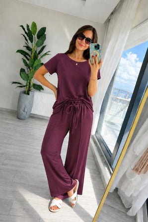 Kadın Kısa Kollu Bisiklet Yakalı Viskon Iki Iplik Bluz Ve Pantolon Ikili Takım - Bordo / 2XL-3XL