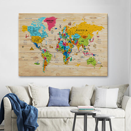 Harita Sepeti Ahşap Görünümlü Dünya Haritası Sembollü Eğitici Dekoratif Kanvas Tablo 2938