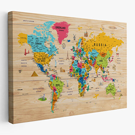 Harita Sepeti Ahşap Görünümlü Dünya Haritası Sembollü Eğitici Dekoratif Kanvas Tablo 2938