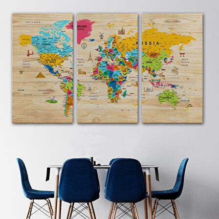 Harita Sepeti Ahşap Görünümlü Dünya Haritası Sembollü Eğitici Dekoratif Kanvas Tablo 2938