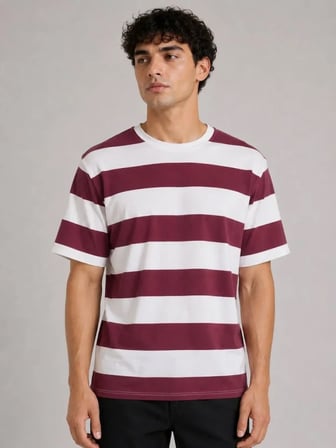 Modi Green Erkek Çizgili Oversize Tişört Bisiklet Yaka Kısa Kol Yazlık T-Shirt - Bordo