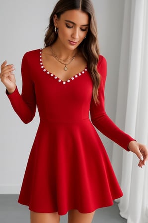 Kadın Uzun Kollu Inci Yakalı Kısa Ithal Krep Elbise - Kırmızı / L-XL