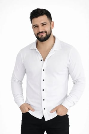 Modi Green Erkek Waffle Kumaş Uzun Kollu Düğmeli Açık Yaka Regular Fit Gömlek - Beyaz
