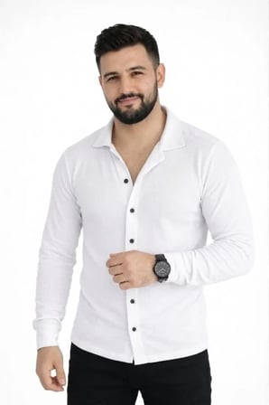 Modi Green Erkek Waffle Kumaş Uzun Kollu Düğmeli Açık Yaka Regular Fit Gömlek - Beyaz