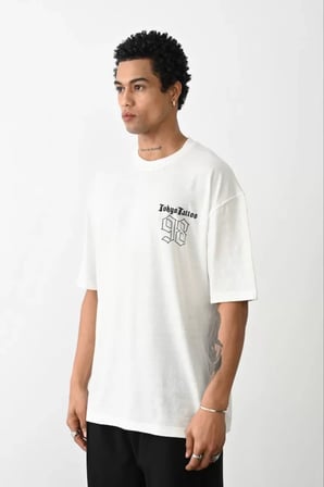 Modi Erkek Gotik Yazı Baskılı Oversize Bisiklet Yaka T-Shirt - Siyah