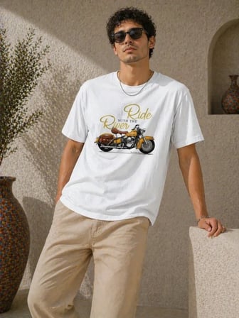 Modi Green Erkek Motosiklet Baskılı Tişört Bisiklet Yaka Kısa Kol Yazlık T-Shirt - Beyaz