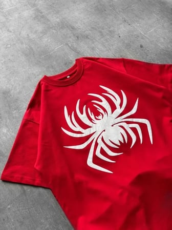 Modi Green Erkek Örümcek Baskılı Tişört Kısa Kollu Bisiklet Yaka T-Shirt - Kırmızı