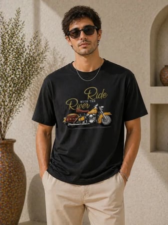 Modi Green Erkek Motosiklet Baskılı Tişört Bisiklet Yaka Kısa Kol Yazlık T-Shirt - Siyah