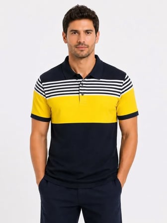 Modi Green Erkek Pike Kumaş Çizgili Polo Yaka Tişört Kısa Kol Yazlık T-Shirt - Lacivert