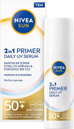 SUN SPF50 Nemlendirici Primer Serum 30ml, Makyaj Bazı, Hyaluron, Antioksidan, Yüksek Güneş Koruyucu