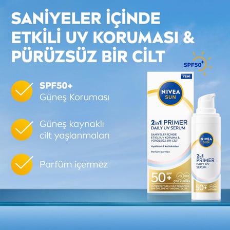 SUN SPF50 Nemlendirici Primer Serum 30ml, Makyaj Bazı, Hyaluron, Antioksidan, Yüksek Güneş Koruyucu