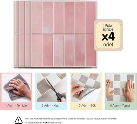 3D Kendinden Yapışkanlı Duvar Karosu 30,5 cm x 30,5 cm (4 Adet) 0,371 M² (Pembe)