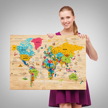 Harita Sepeti Ahşap Görünümlü Türkçe Dünya Haritası Sembollü Eğitici Kanvas Tablo 2939