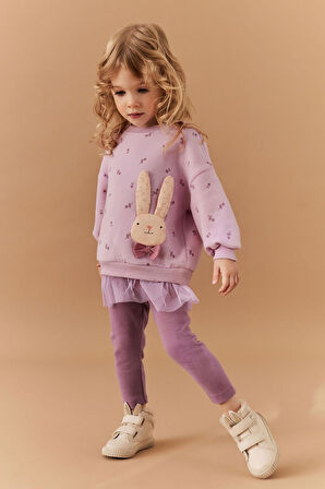 Next Baby Pamuklu Lila Tavşan Desenli Tütülü Sweatshirt Tayt Alt Üst Takım