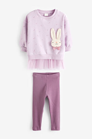 Next Baby Pamuklu Lila Tavşan Desenli Tütülü Sweatshirt Tayt Alt Üst Takım