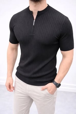 Modi Green Erkek Kısa Kol Fitilli Triko T-Shirt Yazlık Hakim Yaka Tişört - Siyah