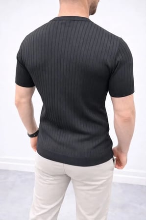 Modi Green Erkek Kısa Kol Fitilli Triko T-Shirt Yazlık Hakim Yaka Tişört - Siyah