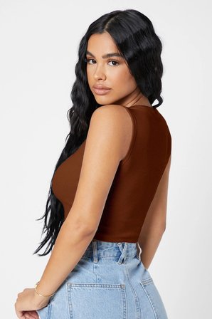 Modi Green Kadın Kahverengi Kare Yaka Crop Top Bluz