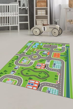 Trafik Yollu Arabalı Yıkanabilir Eğlendirici Çocuk Odası Oyun Halısı ÇOCUK-47, Yeşil, 80 x 150