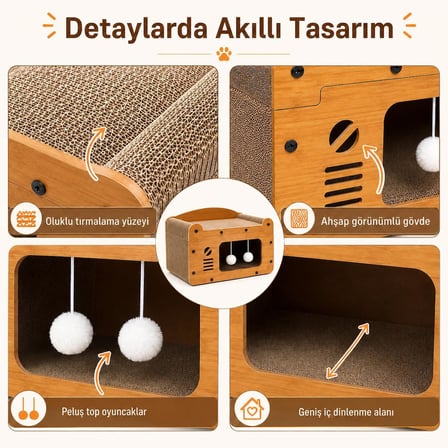 SOGUD Kedi Tırmalama Evi - Ahşap Kedi Oyun Evi 56x27x30 cm - Karton Tırmalama Tahtalı Uyku Yuvası - Sallanan Top Oyuncaklı Tek Katlı Evcil Hayvan Mobilyası - Modern Doğal Ahşap Tasarım