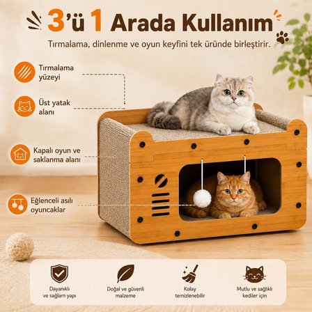 SOGUD Kedi Tırmalama Evi - Ahşap Kedi Oyun Evi 56x27x30 cm - Karton Tırmalama Tahtalı Uyku Yuvası - Sallanan Top Oyuncaklı Tek Katlı Evcil Hayvan Mobilyası - Modern Doğal Ahşap Tasarım