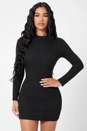 Modi Green Kadın Siyah Kaşkorse Balıkçı Yaka Uzun Kollu Bodycon Mini Elbise
