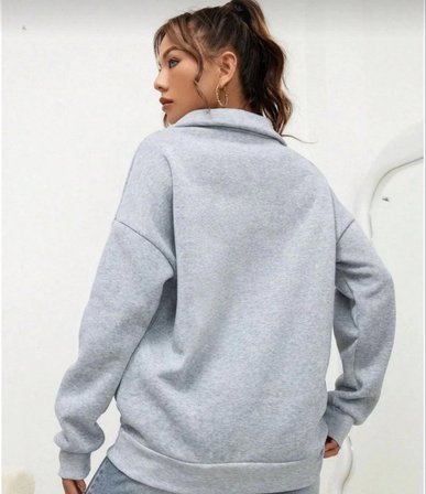 Modi Green Unisex Uzun Kol Yarım Farmuarlı Yakalı Basic SweatShirt - Gri