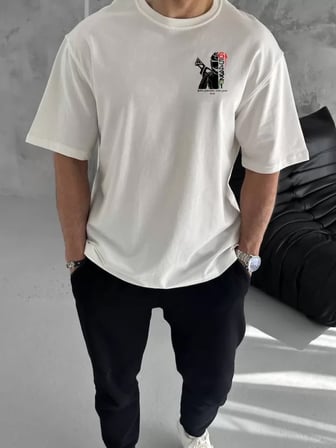 Modi Green Unisex Bisiklet Yaka Baskılı Oversize T-Shirt - Beyaz