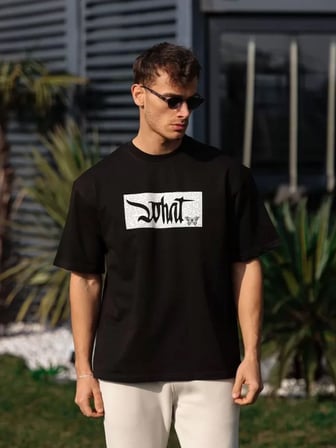 Modi Green Unisex Bisiklet Yaka Baskılı Oversize T-Shirt - Siyah