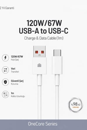 120W/67W USB-A to USB-C Hızlı Şarj ve Data Kablosu 1m Beyaz