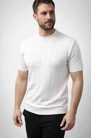 Modi Green Erkek Yazlık Triko Dokuma Tişört Kısa Kol Bisiklet Yaka Örgü Desenli T-Shirt - Beyaz