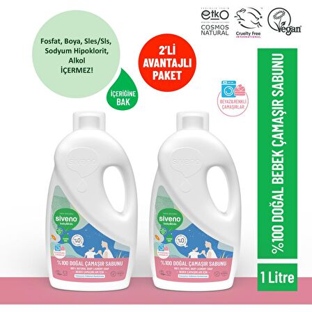 Siveno %100 Doğal Bebek Çamaşır Sabunu Kendinden Yumuşatıcılı Bitkisel Deterjan Konsantre Vegan 1000 ml x 2 Adet