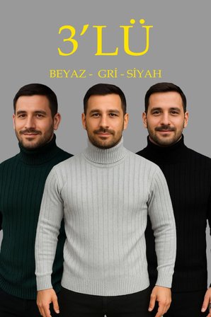 Modi Green Erkek Fitilli Triko Kazak 3lÜ Set Gri Haki Siyah Regular Balıkcı Yaka Tam Boğazlı Triko Seti Modeli Kazak