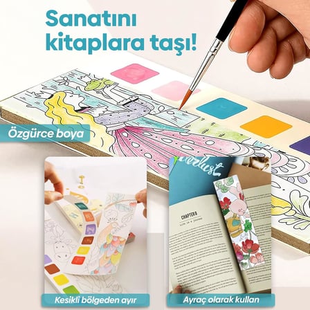 Renk Paletli Sulu Boya Kitabı + Fırça, 12 Sayfa Boyama Kitabı, Aktivite Boyama Seti, Çocuklar için Yeni Nesil Sulu Boya Defteri (Renklerin Ormanı)