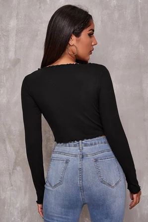Modi Green Kadın Siyah Uzun Kollu Büzdürme Bağcık Detaylı Crop Top Bluz