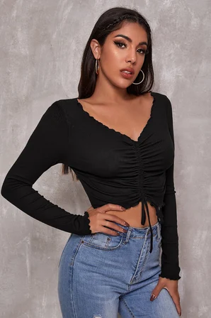 Modi Green Kadın Siyah Uzun Kollu Büzdürme Bağcık Detaylı Crop Top Bluz